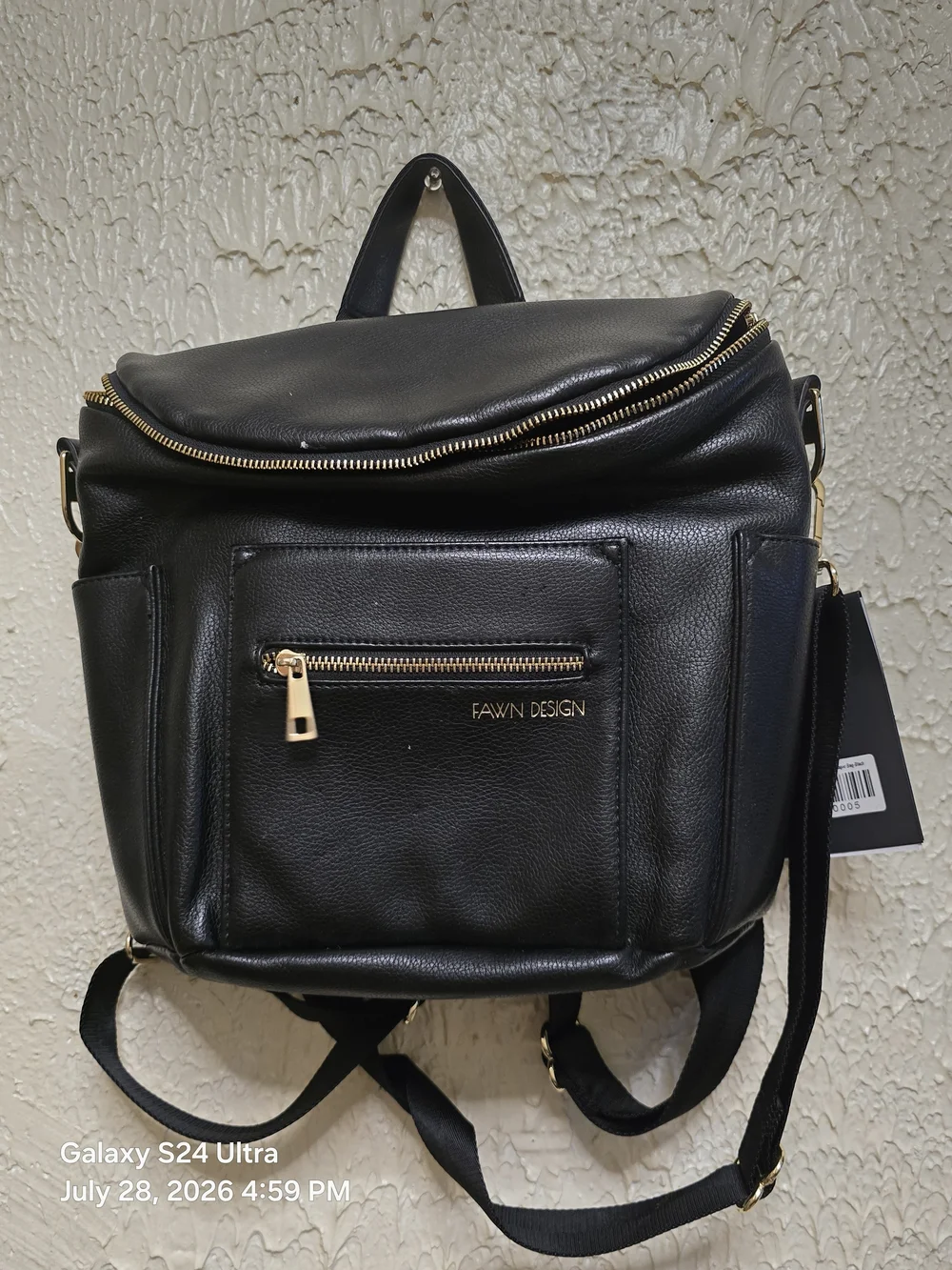 Fawn Design Black Leather Backpack with Gold Hardware